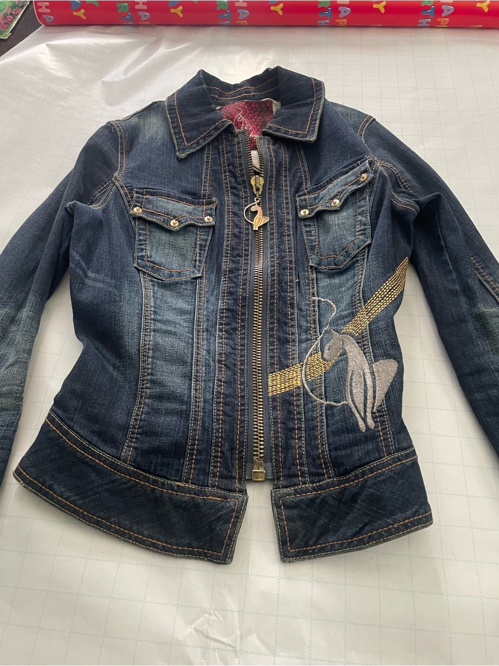 Baby Phat Dark Blue Denim Jacket and Skirt Set with Yellow Flamingo Detail - Picture 3 of 5